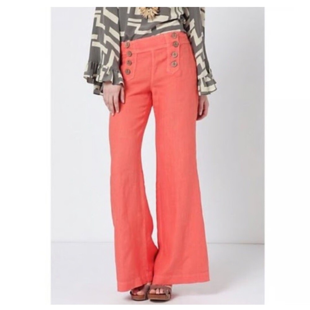 Elevenses sailor pants wide leg trouser 100% linen coral orange SZ 0 high waist